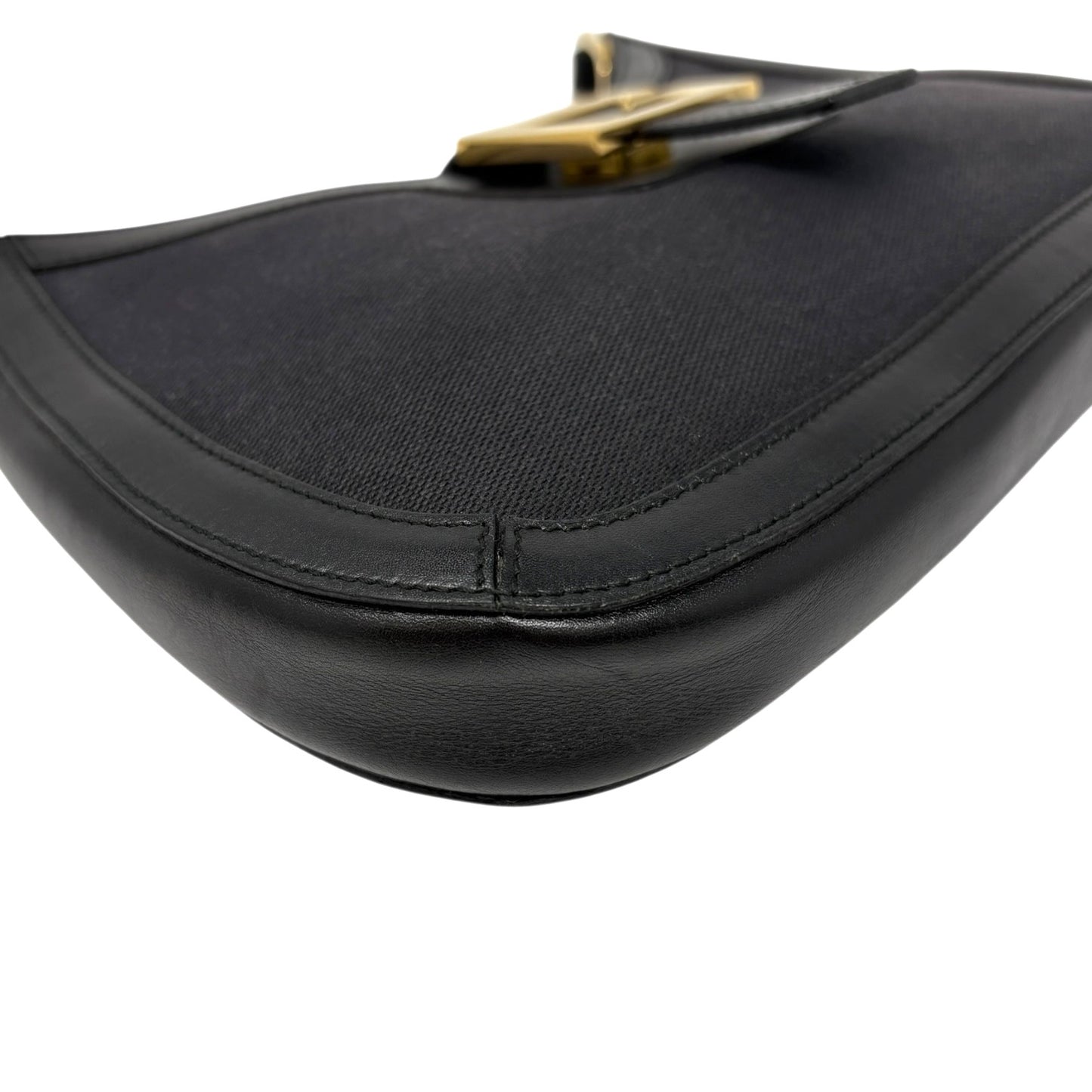 GUCCI Vintage G Buckle Logo Shoulder Bag Black Gold Leather Cotton Magnet