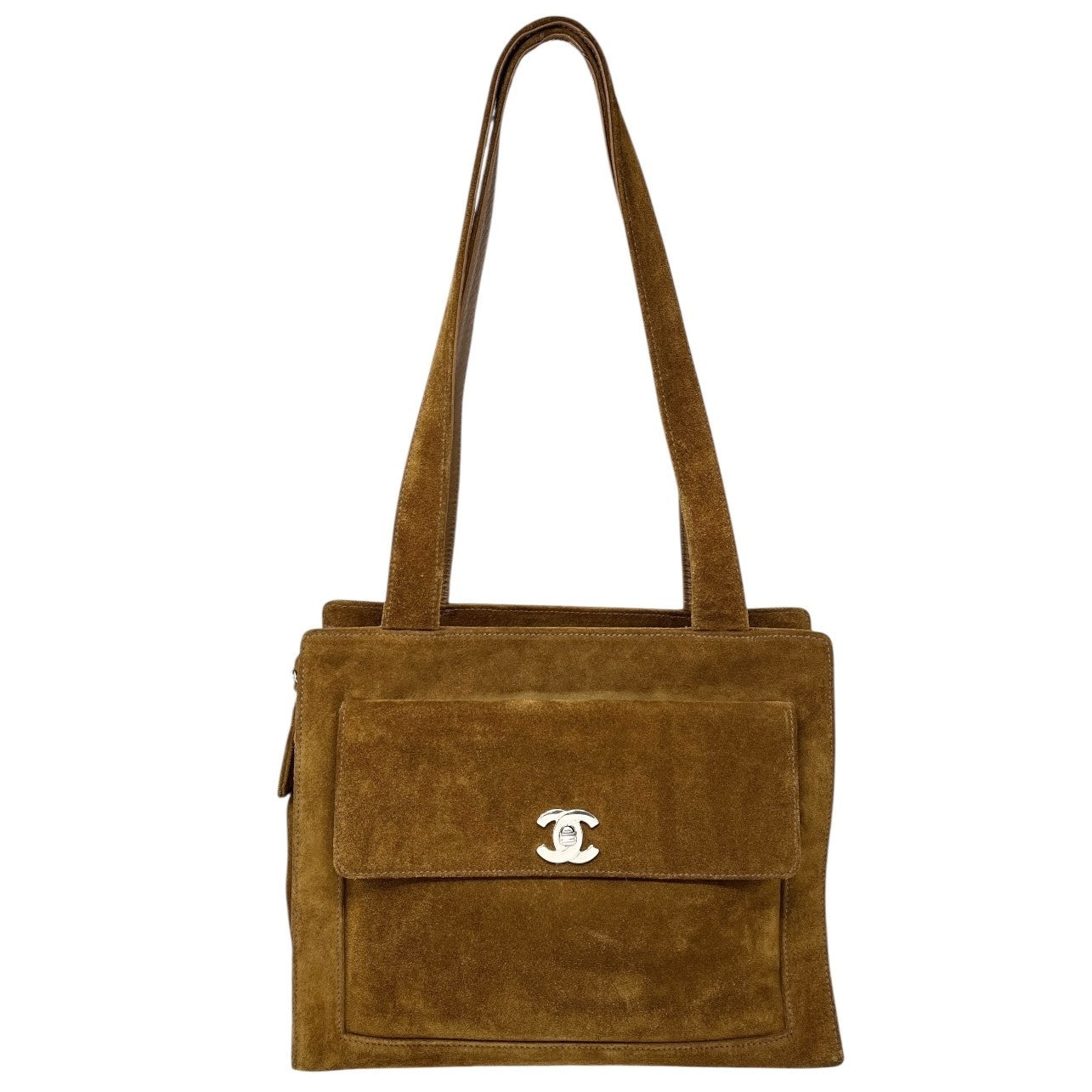 CHANEL Vintage CC Mark Logo Turnlock Tote Shoulder Bag Brown Silver Suede