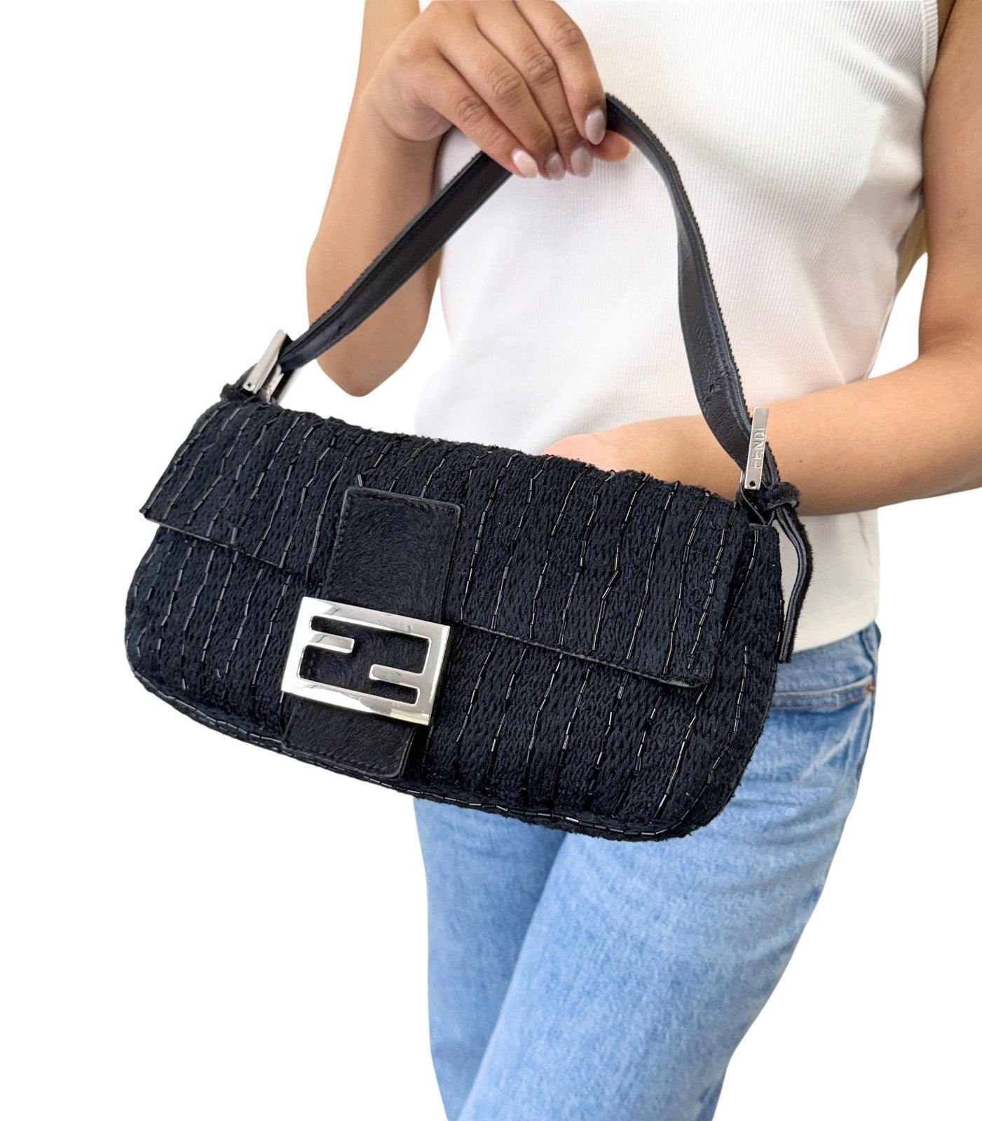 FENDI Vintage FF Logo Beads Knit Mamma Baguette Shoulder Bag Black 901891