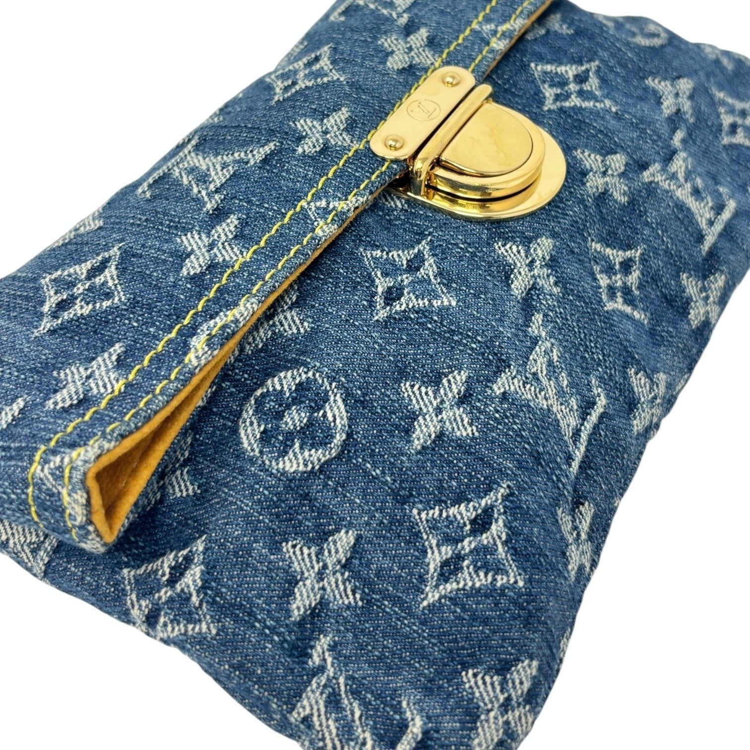 LOUIS VUITTON Vintage Monogram Denim Pochette Plat Clutch Bag Blue Gold