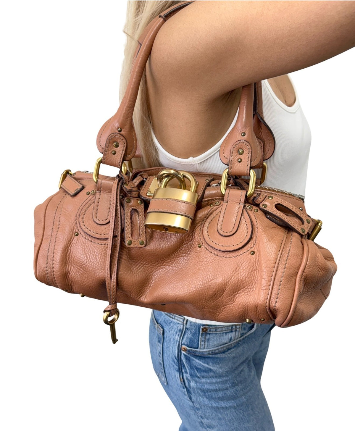 Chloe Vintage Paddington Padlock Key Boston Bag Leather Brown Gold 902318