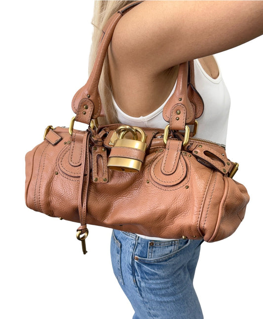 Chloe Vintage Paddington Padlock Key Boston Bag Leather Brown Gold 902318