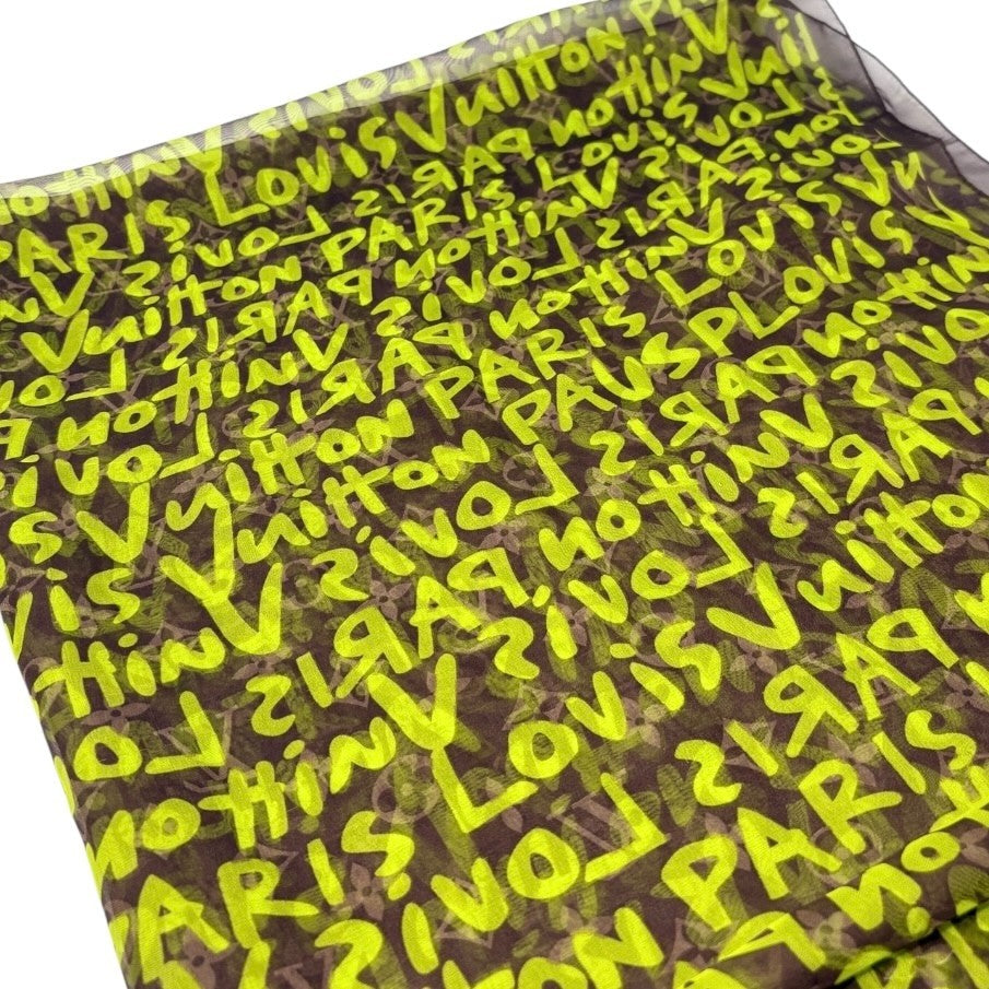 LOUIS VUITTON Vintage LV Monogram Logo Graffiti Scarf Green Brown Silk