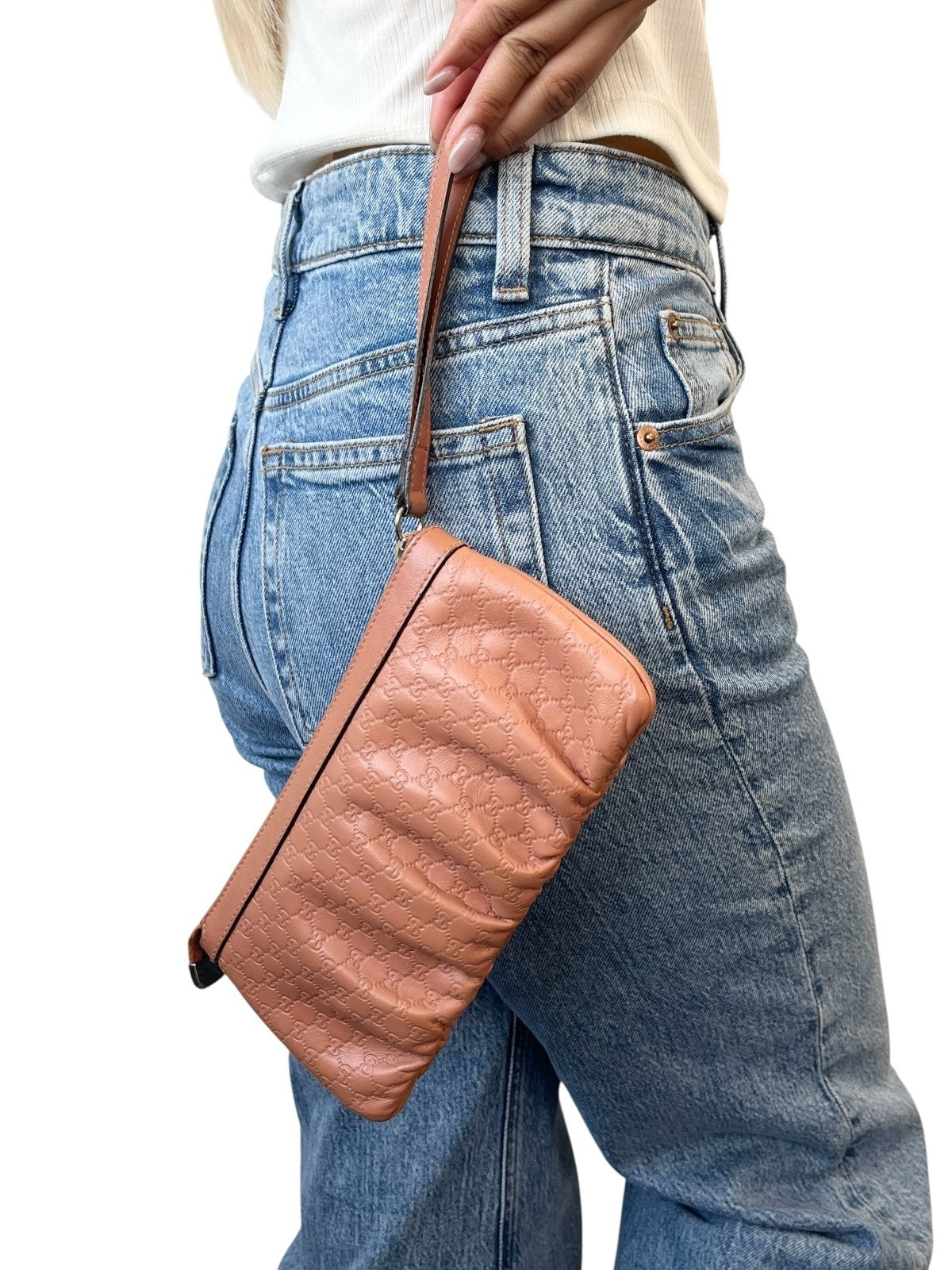 GUCCI Vintage GG Monogram Mini Clutch Bag Wallet Orange Gold Leather Cotton