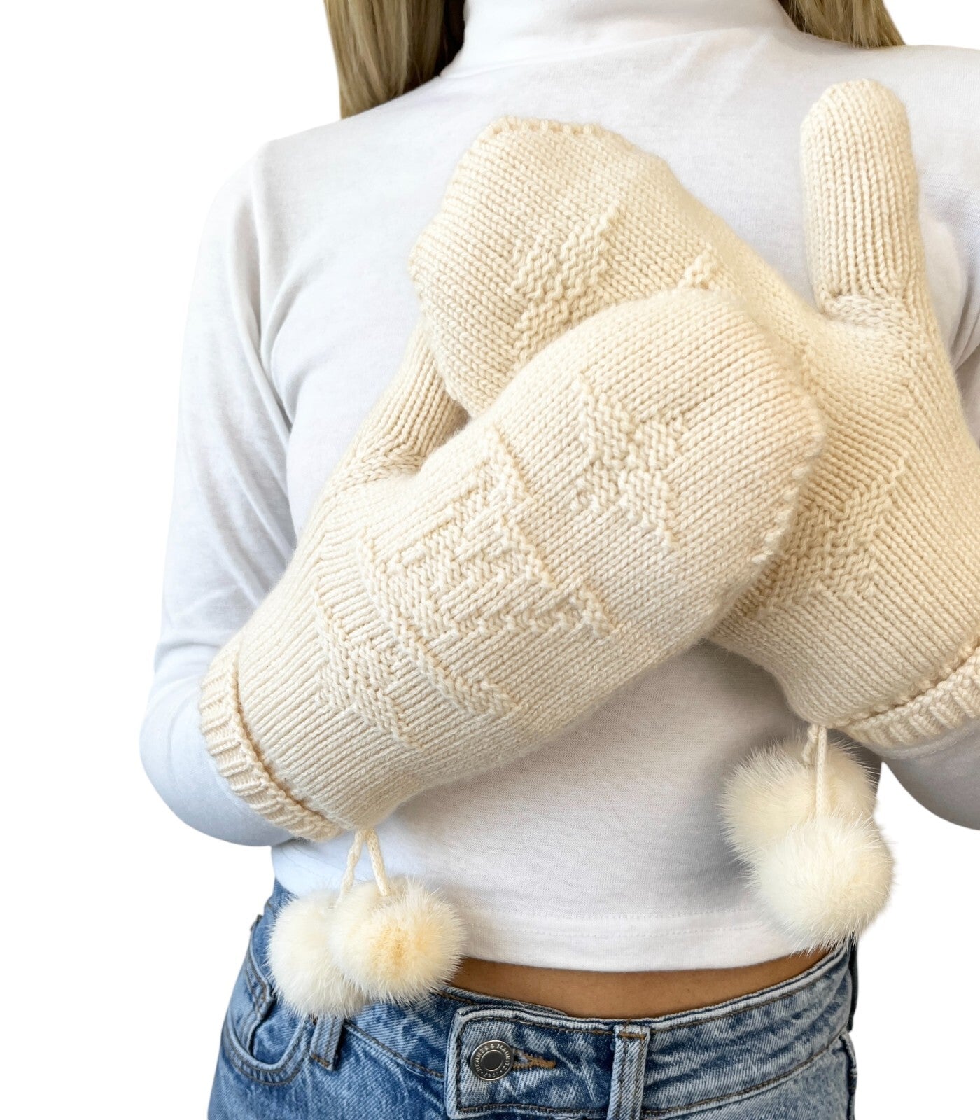 LOUIS VUITTON Vintage LV Logo Knit Gloves Mink Pompons Cream Cashmere