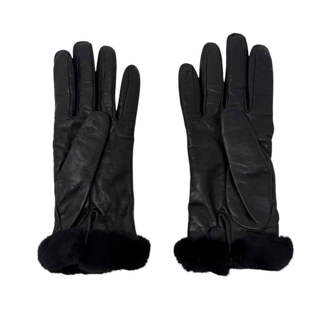 HERMES Vintage Kelly Padlock Cadena Fur Trim Leather Gloves #7.5 Black 902001