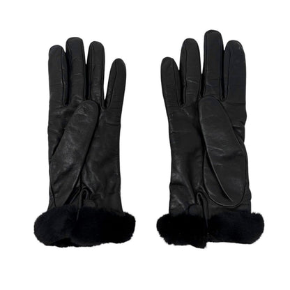 HERMES Vintage Kelly Padlock Cadena Fur Trim Leather Gloves #7.5 Black 902001
