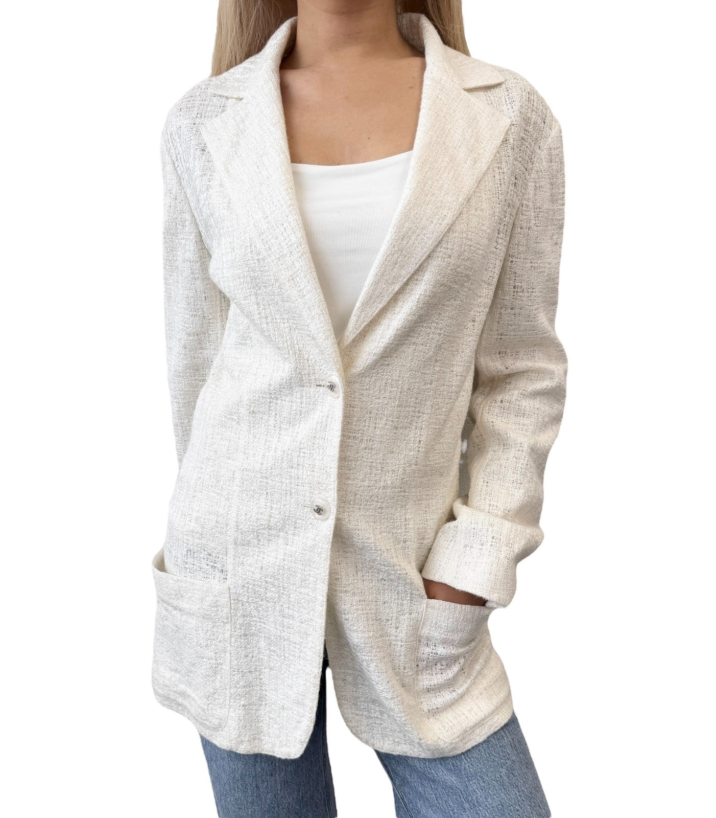 CHANEL Vintage 98P CC Logo Button Boucle Tweed Blazer Jacket #38 White Silver