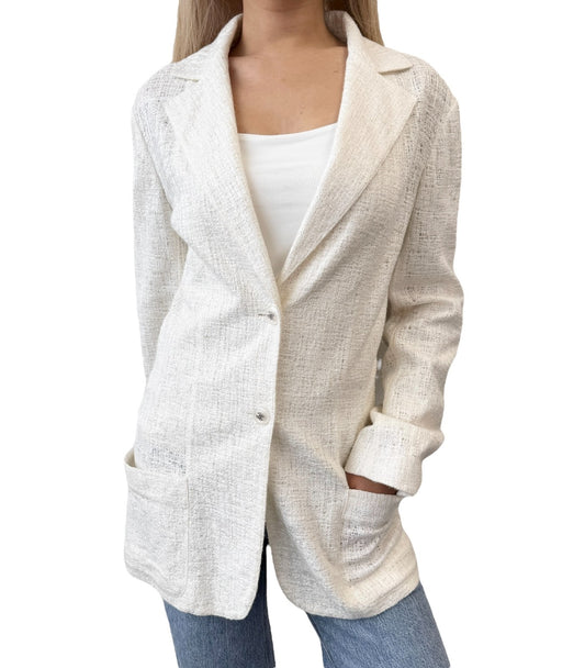 CHANEL Vintage 98P CC Logo Button Boucle Tweed Blazer Jacket #38 White Silver