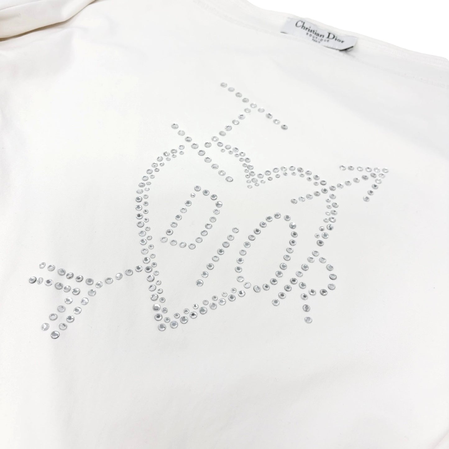 Christian Dior Vintage I Love Logo Rhinestone Top Off Shoulder #38 White Nylon