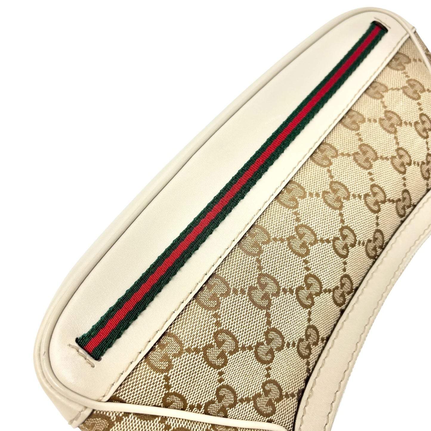 GUCCI Vintage GG Monogram Web Stripe Canvas Shoulder Bag Beige Ribbon 902570