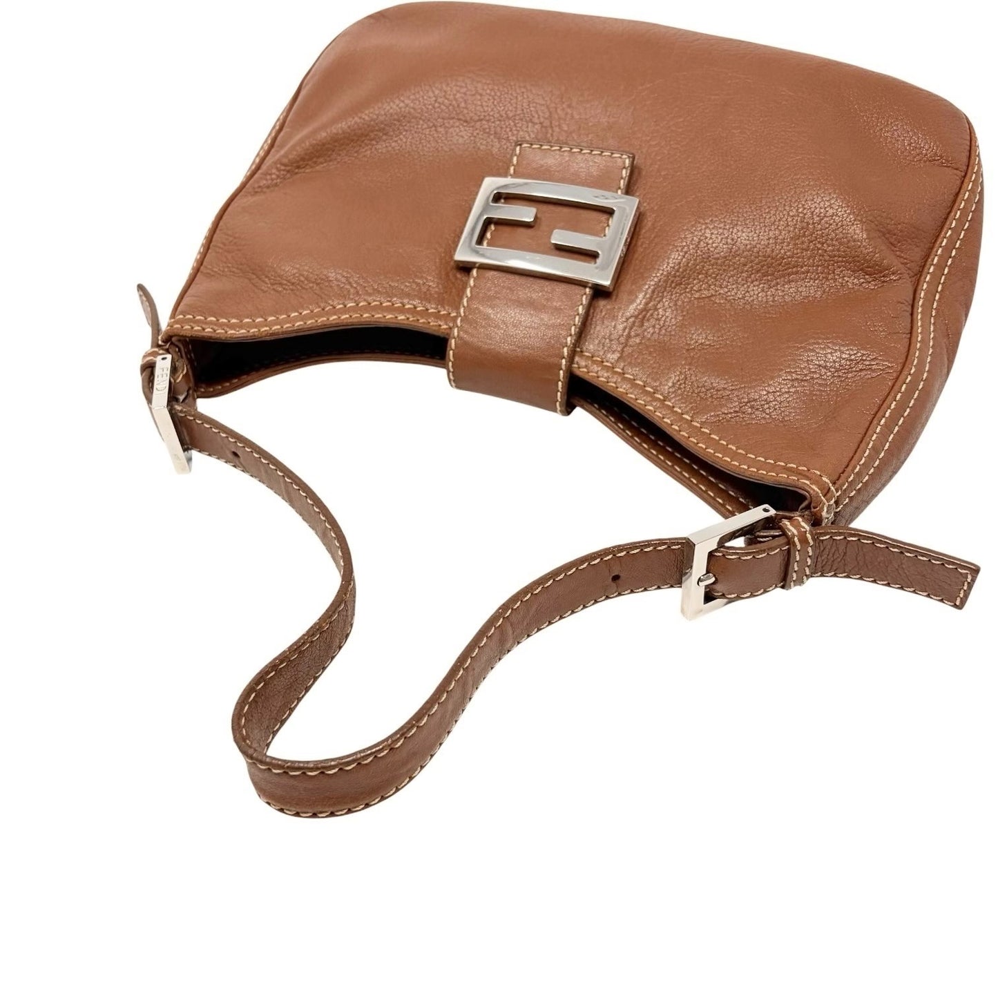 FENDI Vintage FF Logo Mamma Baguette Shoulder Bag Brown Silver Leather 902448