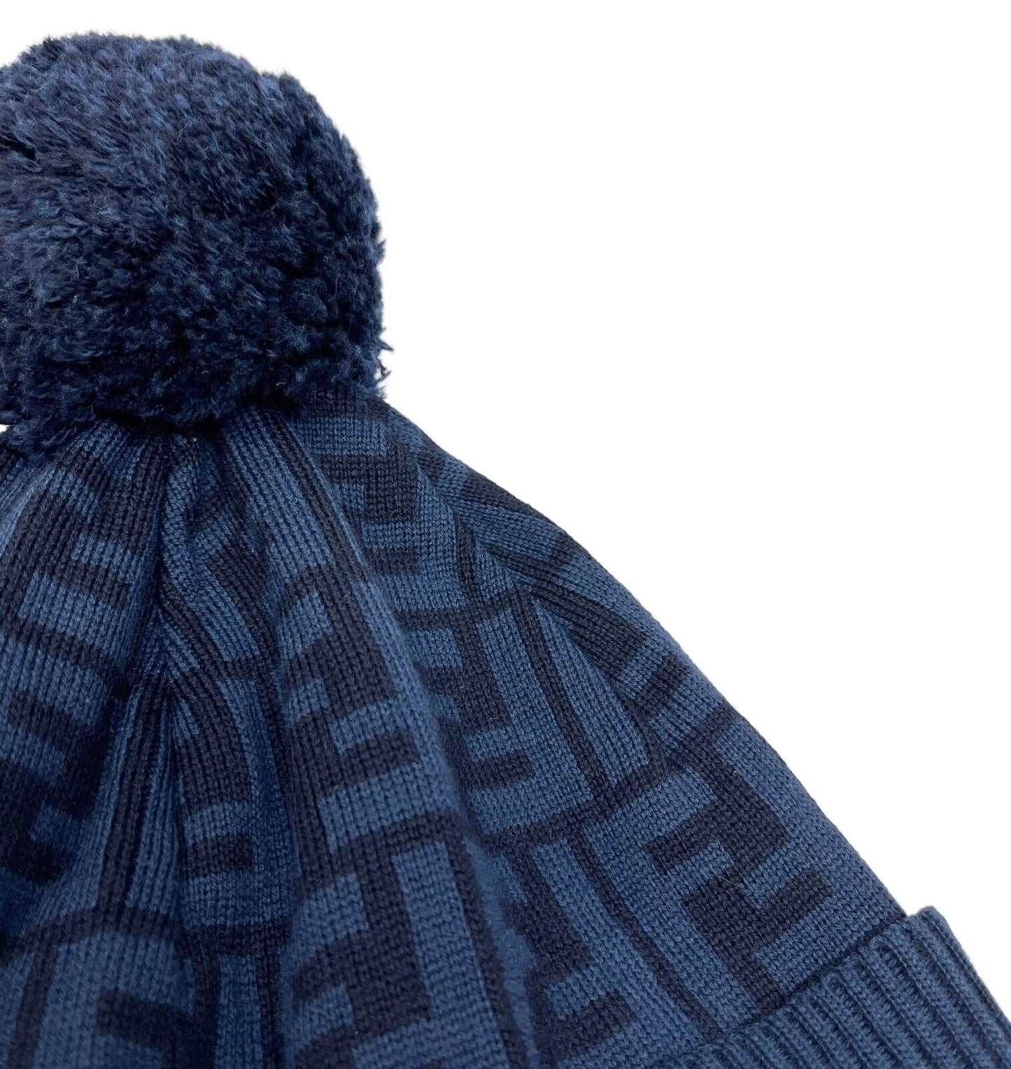 FENDI Vintage Zucca Monogram Logo Beanie Hat Knit Dark Blue Black Wool