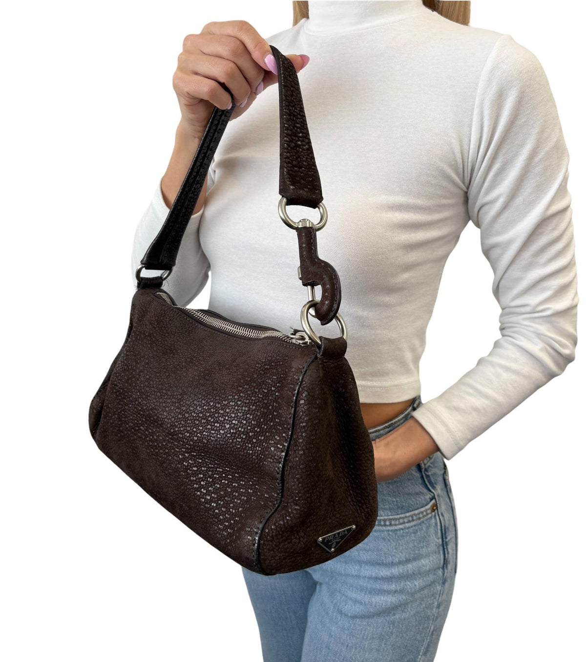 PRADA Vintage Triangle Logo One Shoulder Bag Textured Suede Brown Leather 902350