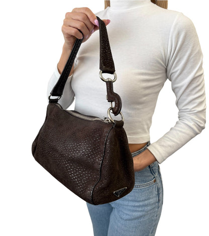 PRADA Vintage Triangle Logo One Shoulder Bag Textured Suede Brown Leather 902350