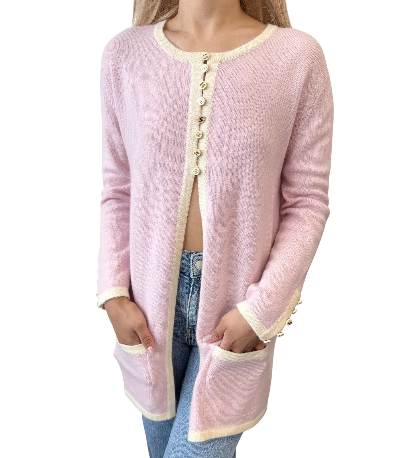 CHANEL Vintage 96C Long Cardigan #42 Knit Sweater Button Pink Cream Cashmere