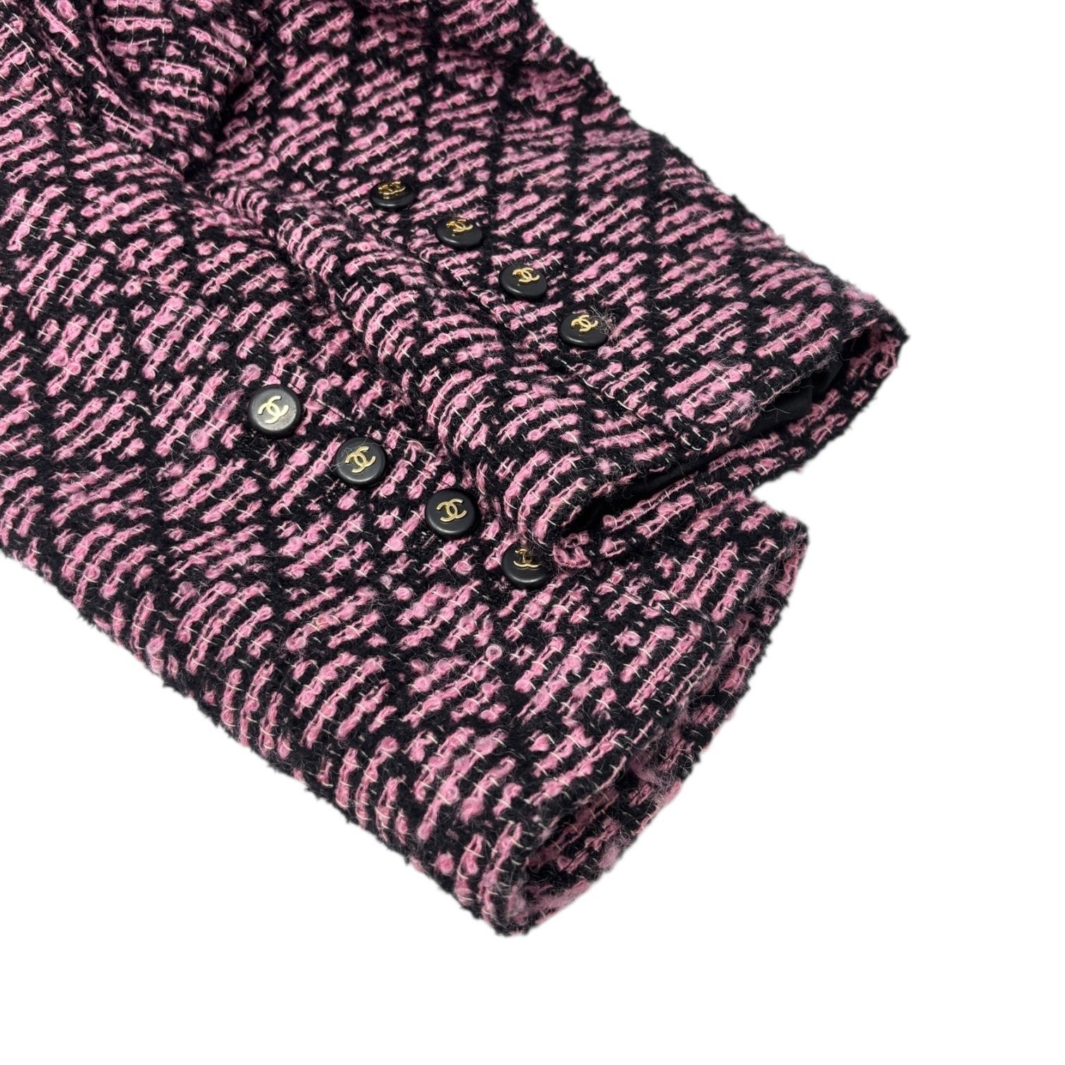 CHANEL Vintage 95A CC Logo Tweed Jacket #38 Pink Black Button Cotton Pocket