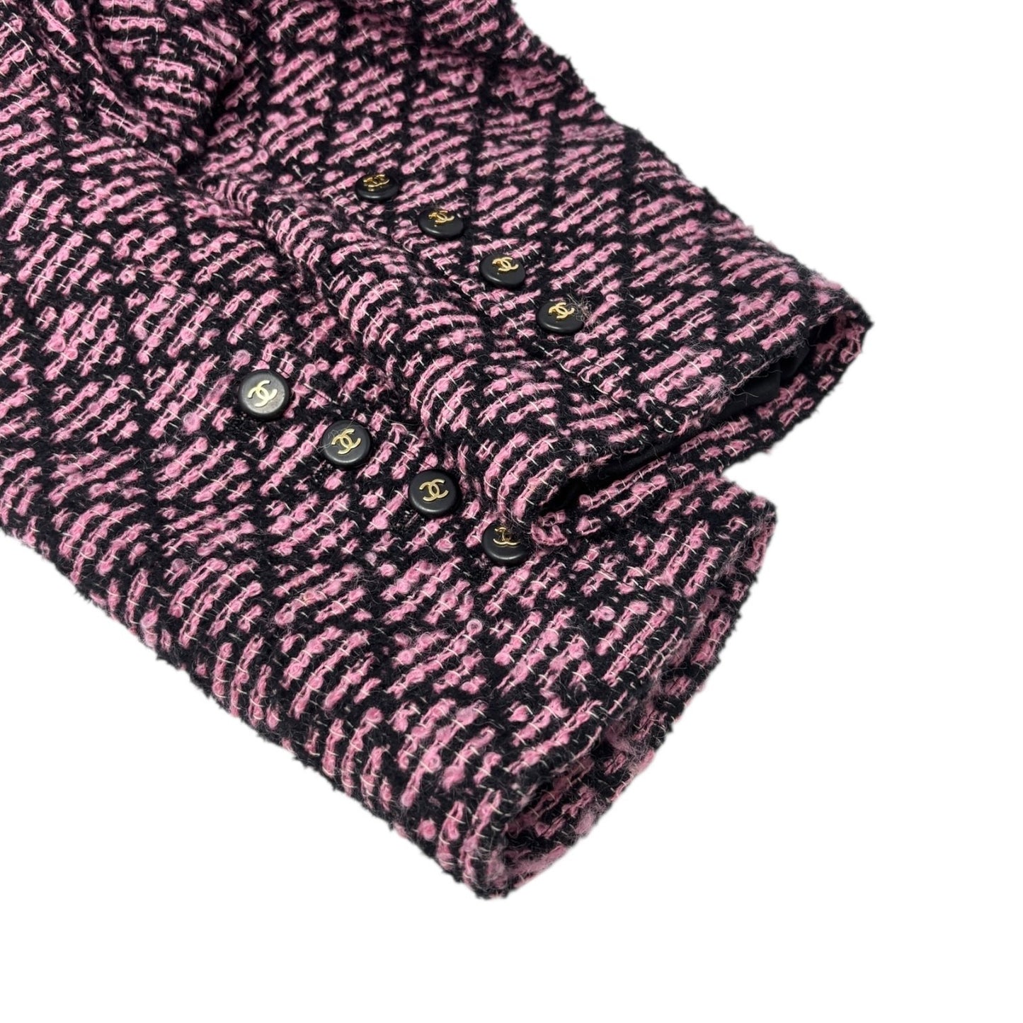 CHANEL Vintage 95A CC Logo Tweed Jacket #38 Pink Black Button Cotton Pocket