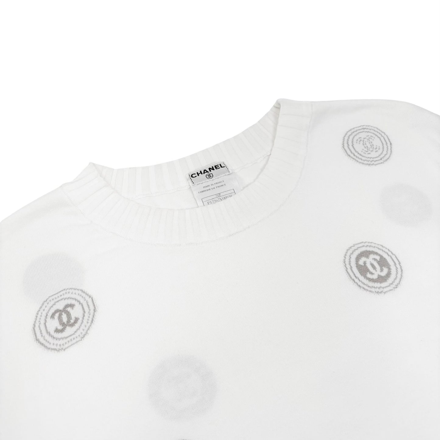 CHANEL Vintage 01P CC Logo Stamp Logo Knit Shirt Top #38 White Greige 901829