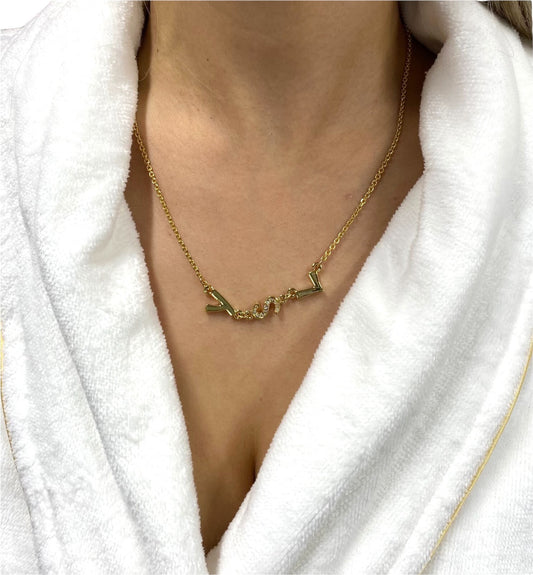 Yves Saint Laurent Vintage Necklace YSL Logo Rhinestone Chain Gold RankAB