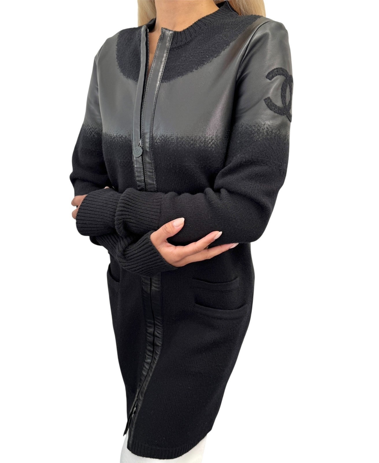 CHANEL Vintage P44562 CC Logo Lambskin Leather Knit Long Jacket #36 Wool Black