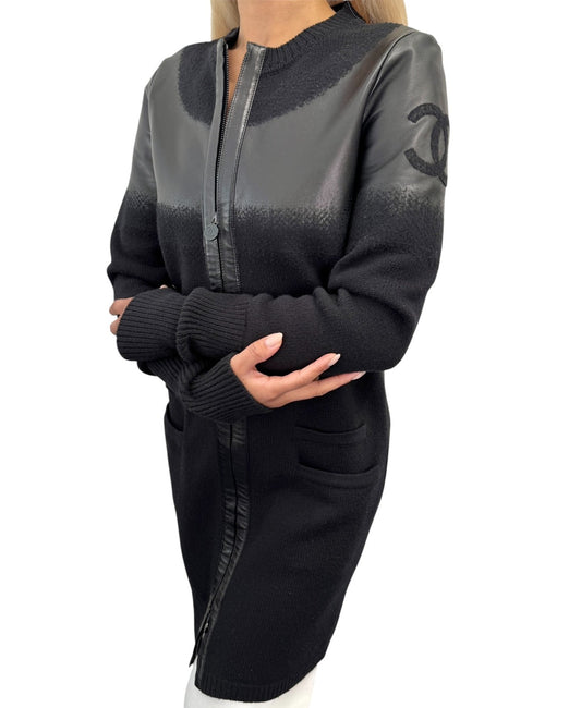 CHANEL Vintage P44562 CC Logo Lambskin Leather Knit Long Jacket #36 Wool Black