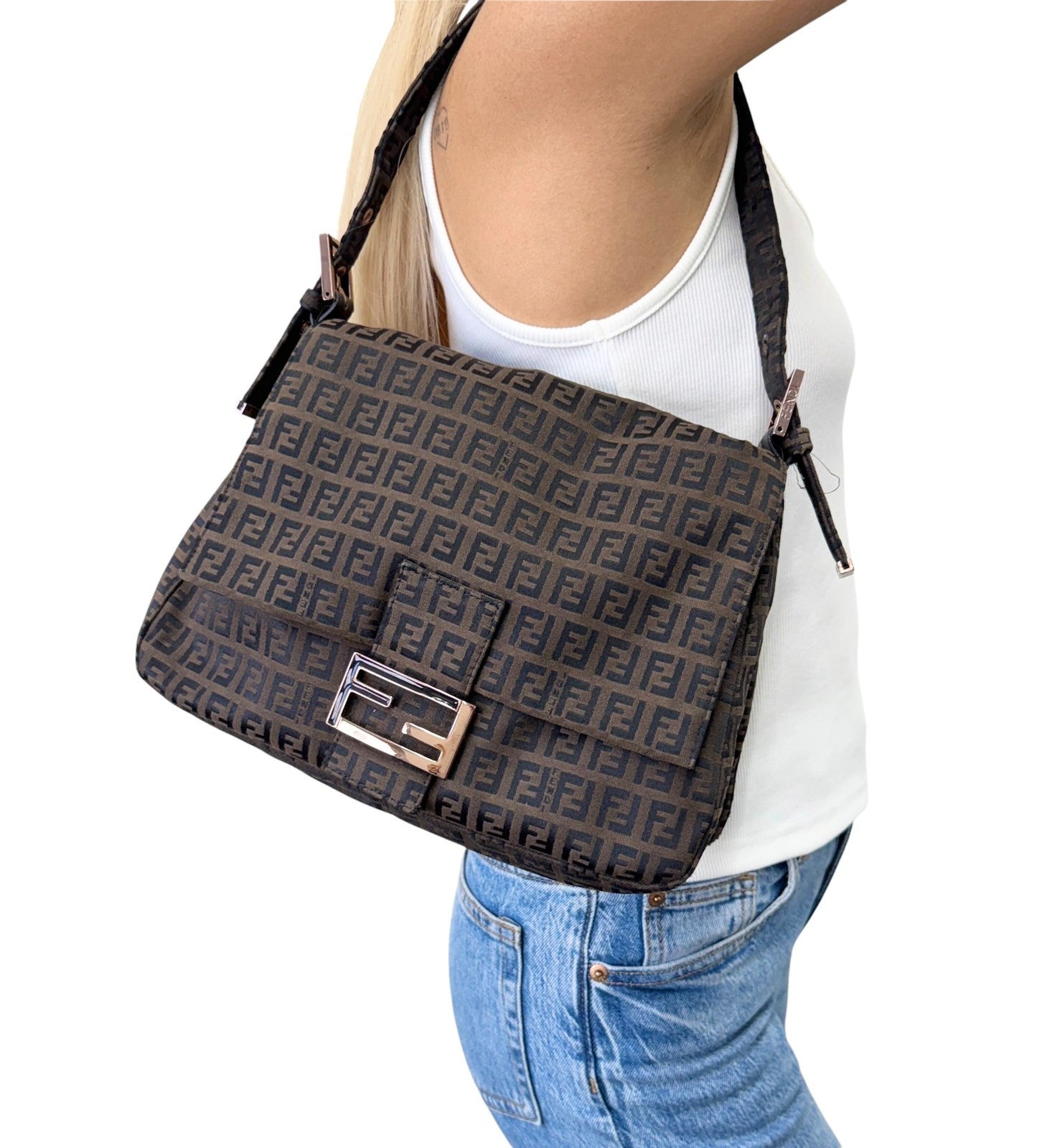 FENDI Vintage FF Logo Zucchino Mamma Baguette Shoulder Bag Brown 901885