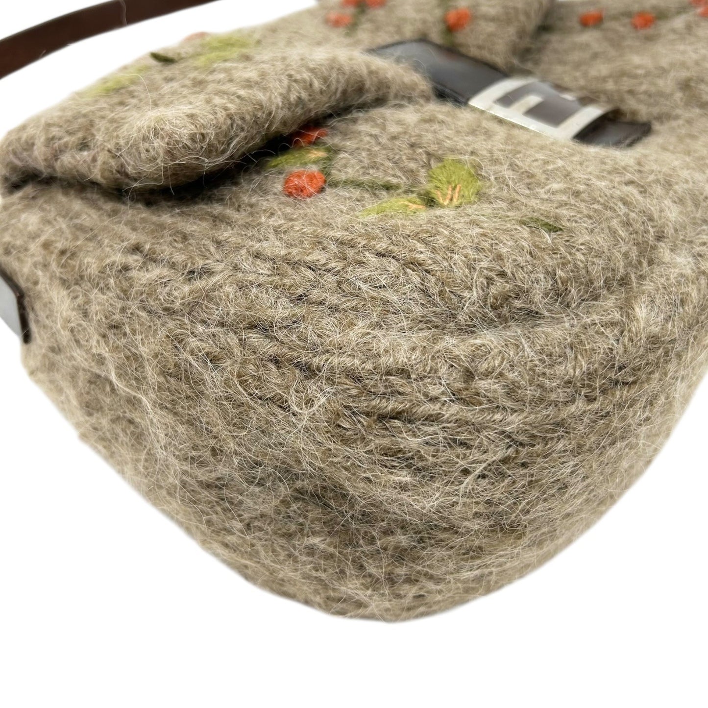 FENDI Vintage FF Knit Mamma Baguette Flower Wool Shoulder Bag Beige Brown