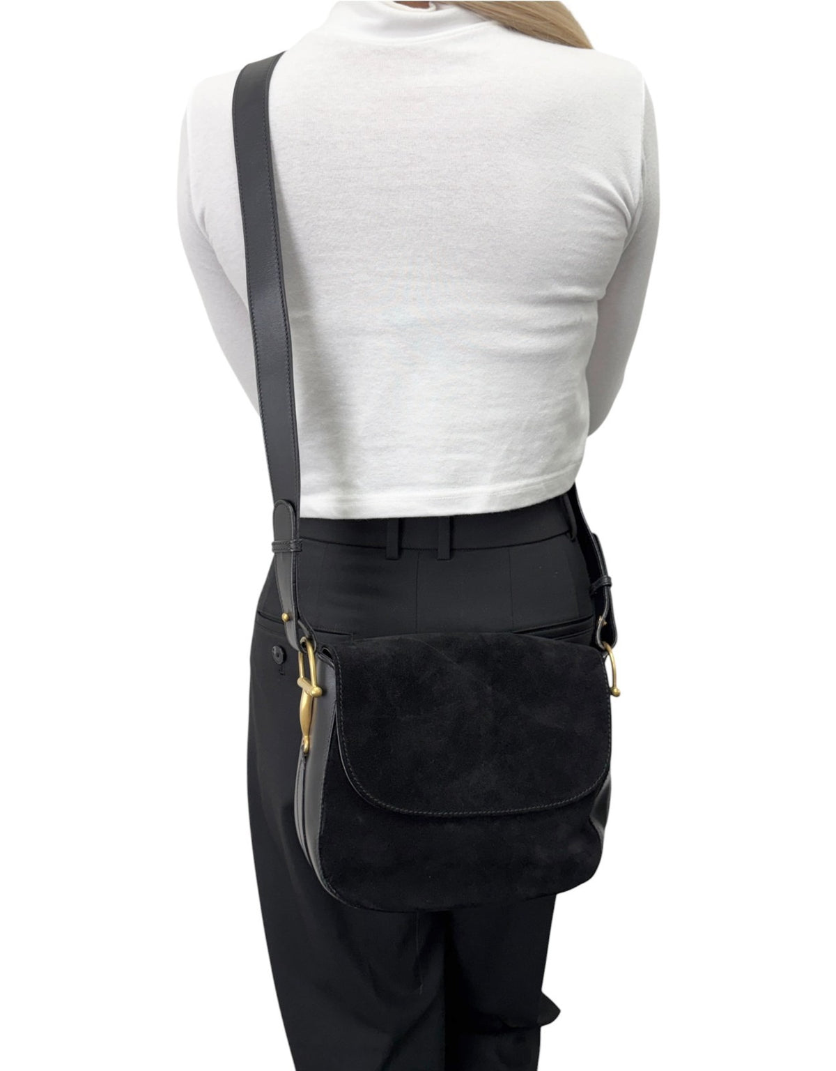 GUCCI Vintage Horsebit Crossbody Shoulder Bag Black Gold Suede Leather 902330