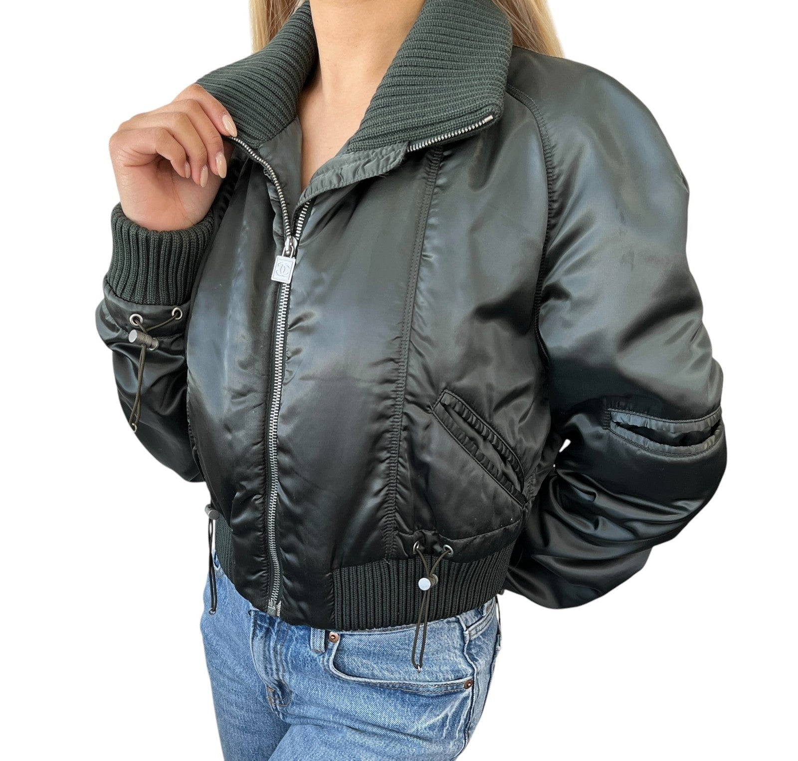 CHANEL Sport Vintage 03A CC Logo Nylon Jacket #38 Rib Knit Zip Green Silver