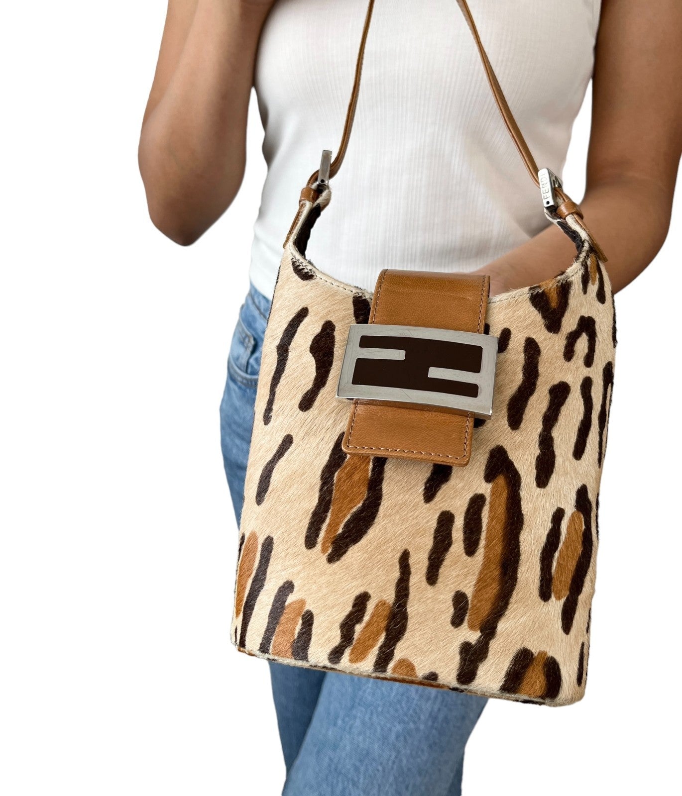 FENDI Vintage FF Logo Leopard Pony Calf Hair Mini Hobo Bag Beige Brown 901984