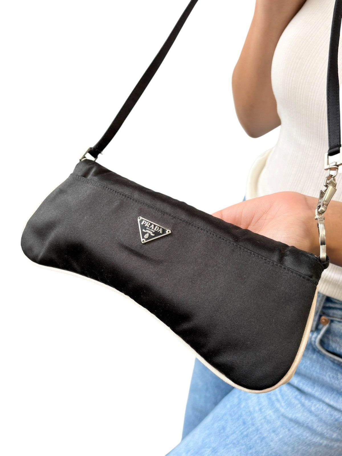 PRADA Vintage Triangle Logo Tessuto Satin Mini Bag Pochette Black 902591