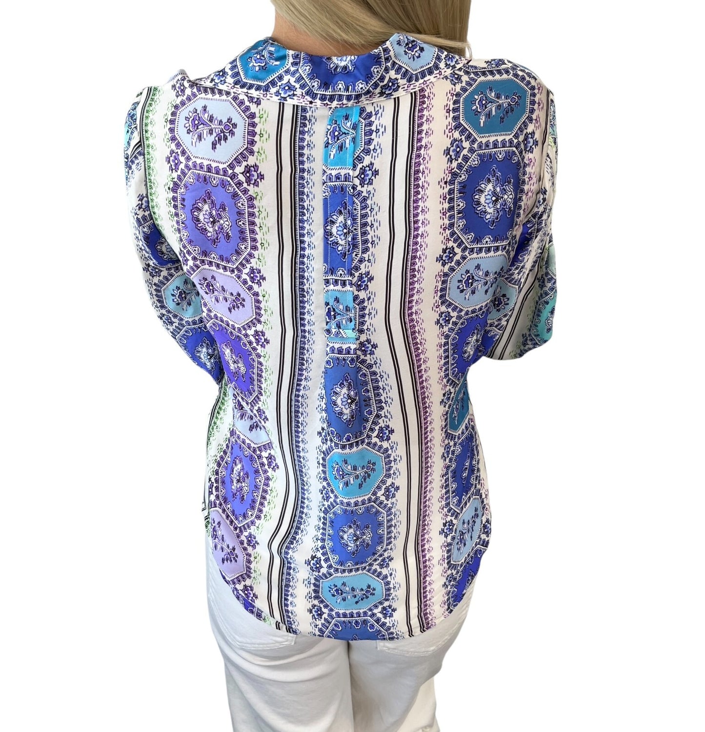 Roberto Cavalli Vintage Shirt Top #38 Rhinestone Button Blue Purple Silk RankAB