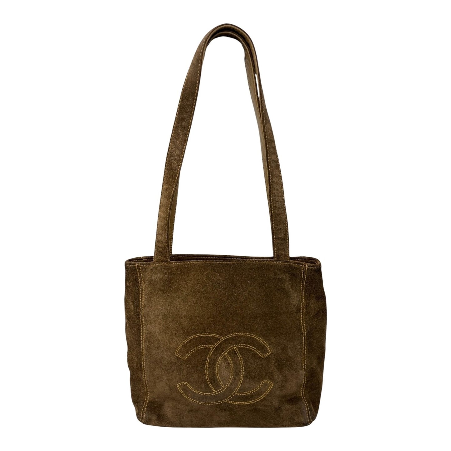 CHANEL Vintage CC Logo Stitch Suede Shoulder Tote Bag Brown Beige 902208