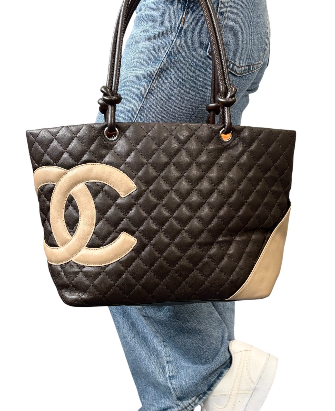 CHANEL Vintage Cambon Line CC Logo Quilted Tote Bag Brown Beige Leather