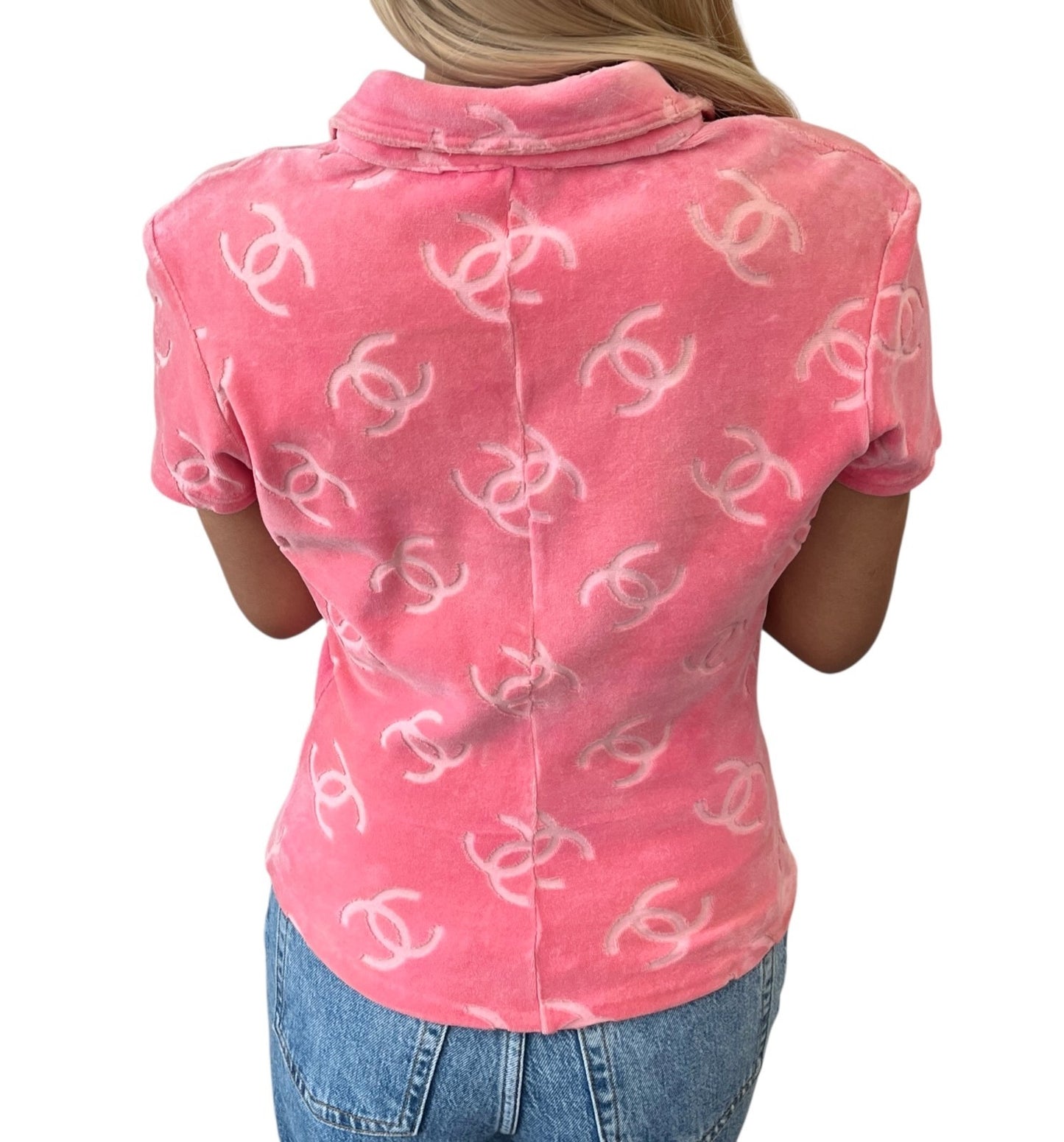 CHANEL Vintage 96A CC Logo Snap Button Velour Shirt Top #40 Pink Cotton