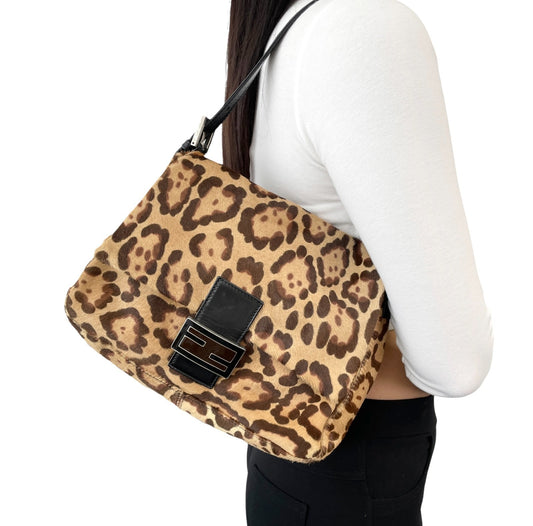FENDI Vintage FF Leopard Mamma Baguette Pony Calf Hair Bag Beige Brown 902819