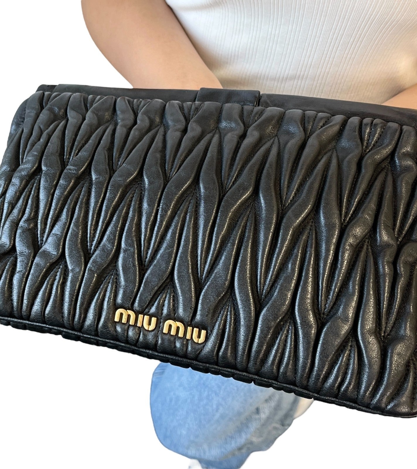 Miu Miu Vintage Logo Gather Clutch Bag Handbag Matelasse Gold Black Leather