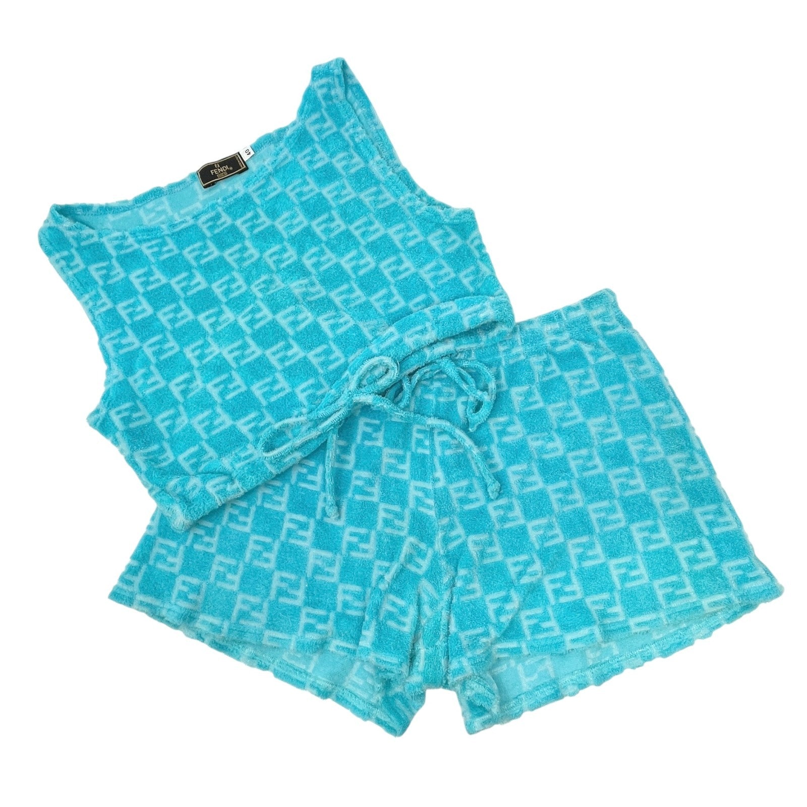 FENDI Vintage Zucchino Monogram Tank Top Short Pants Set #40 #44 Cropped Blue