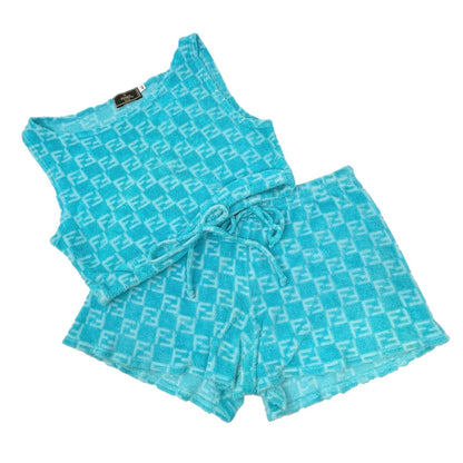 FENDI Vintage Zucchino Monogram Tank Top Short Pants Set #40 #44 Cropped Blue