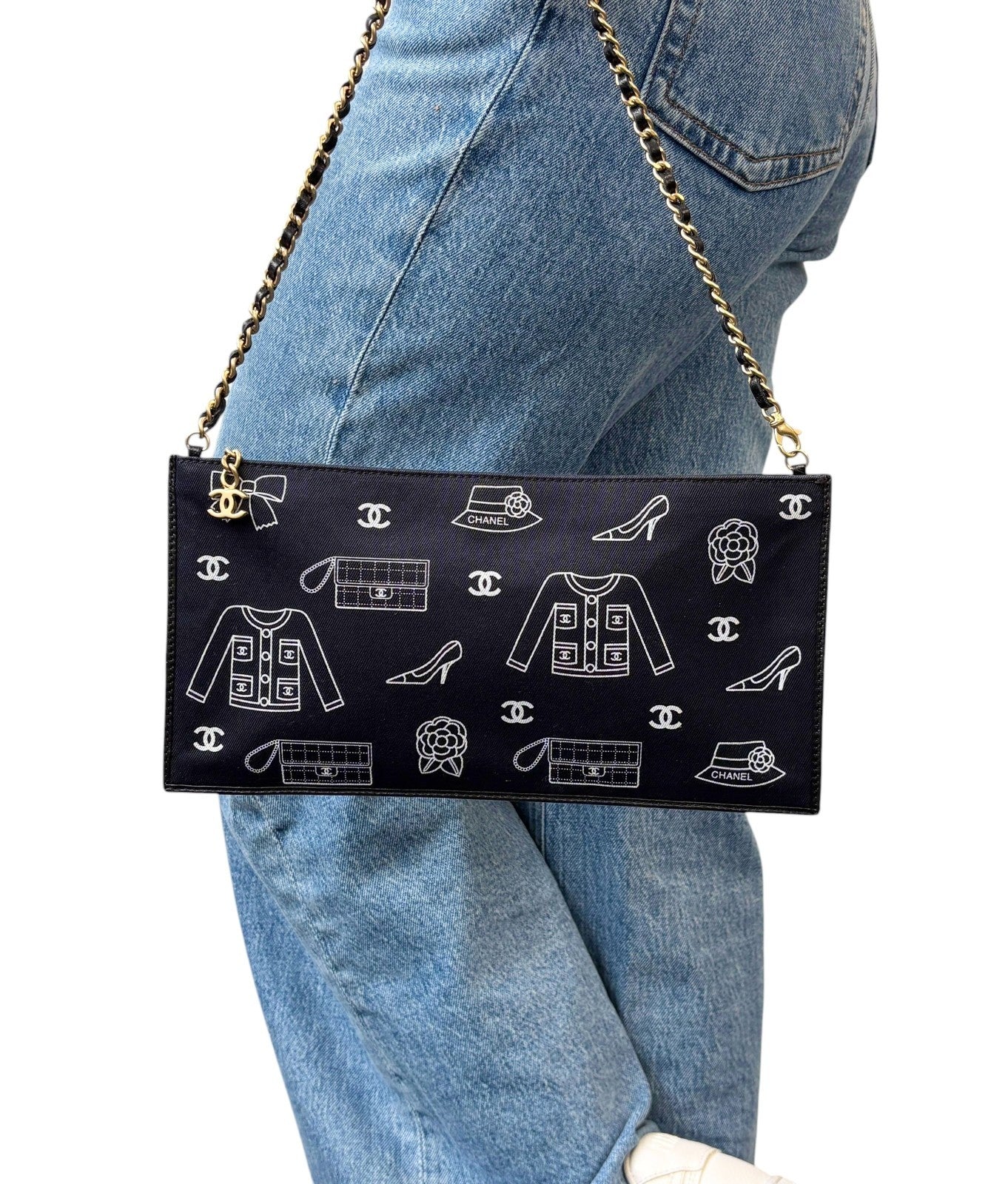 CHANEL Vintage CC Logo Icon Print Canvas Shoulder Bag Pochette Dark Blue Chain