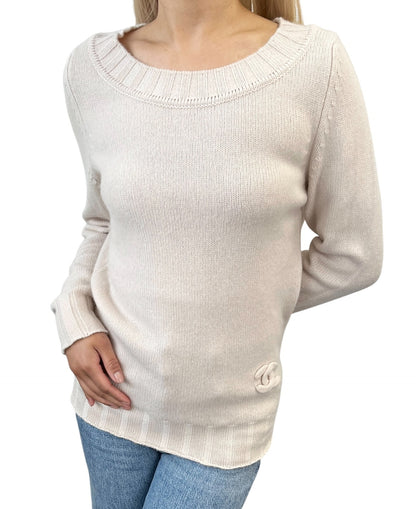 CHANEL Vintage P44576 CC Logo Cashmere Knit Sweater Top #34 Beige Ivory 901966