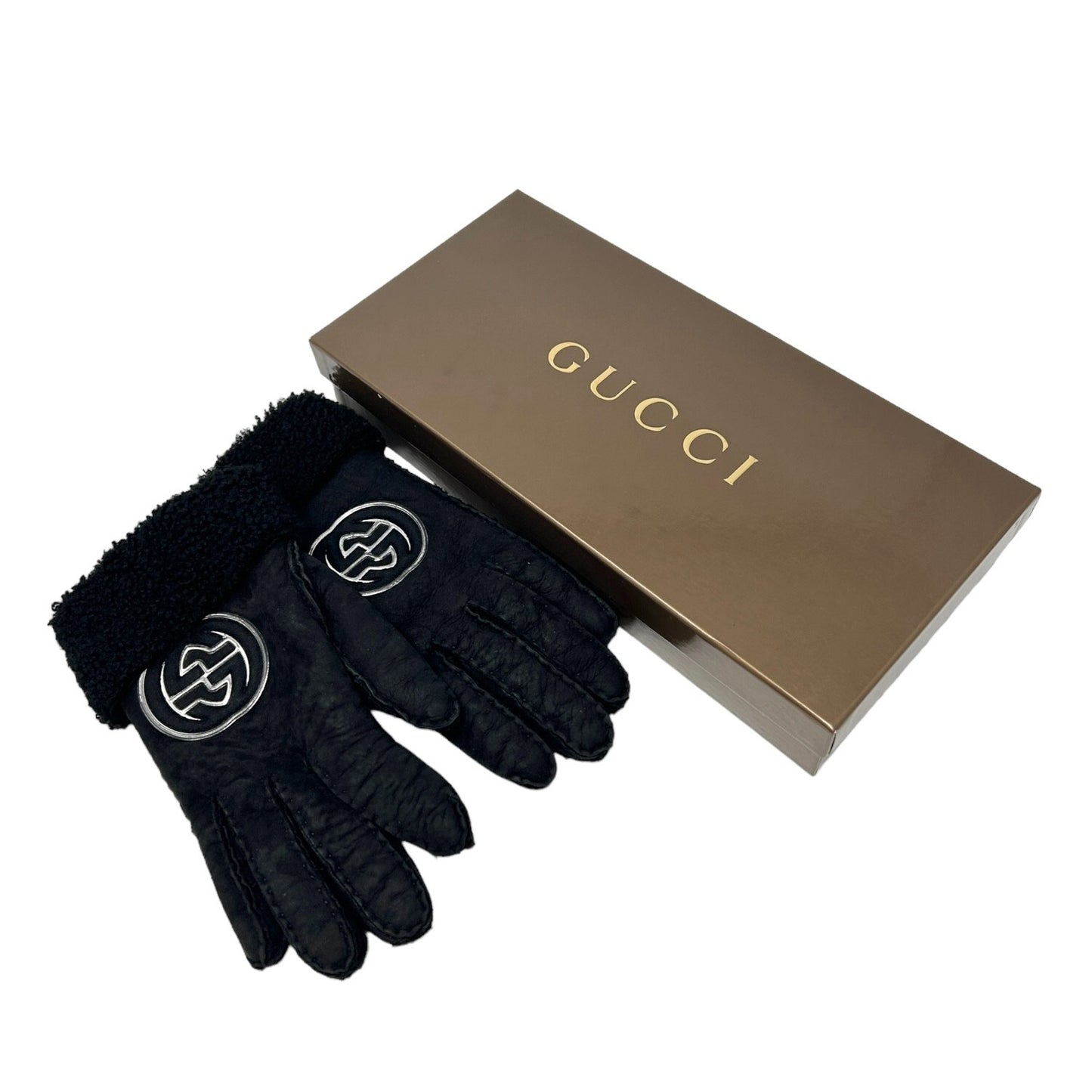 GUCCI Vintage GG Interlocking Logo Gloves #7.5 Black Silver Leather RankAB