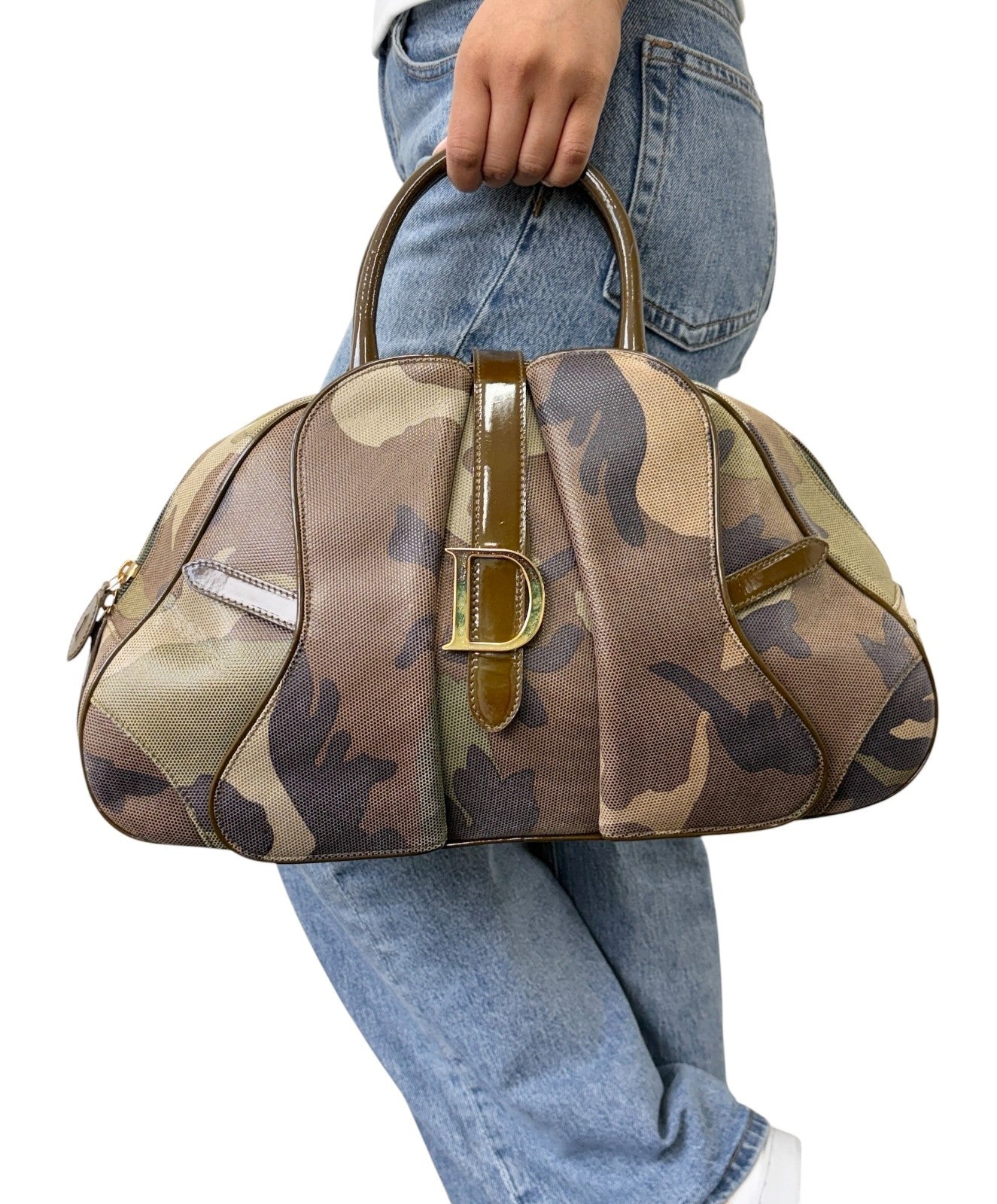 Christian Dior Vintage 2000 Camouflage Double Saddle Bowler Bag Khaki 902423