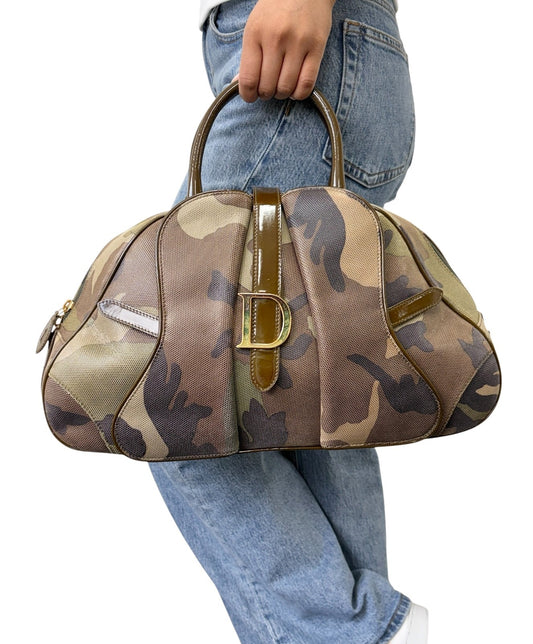 Christian Dior Vintage 2000 Camouflage Double Saddle Bowler Bag Khaki 902423