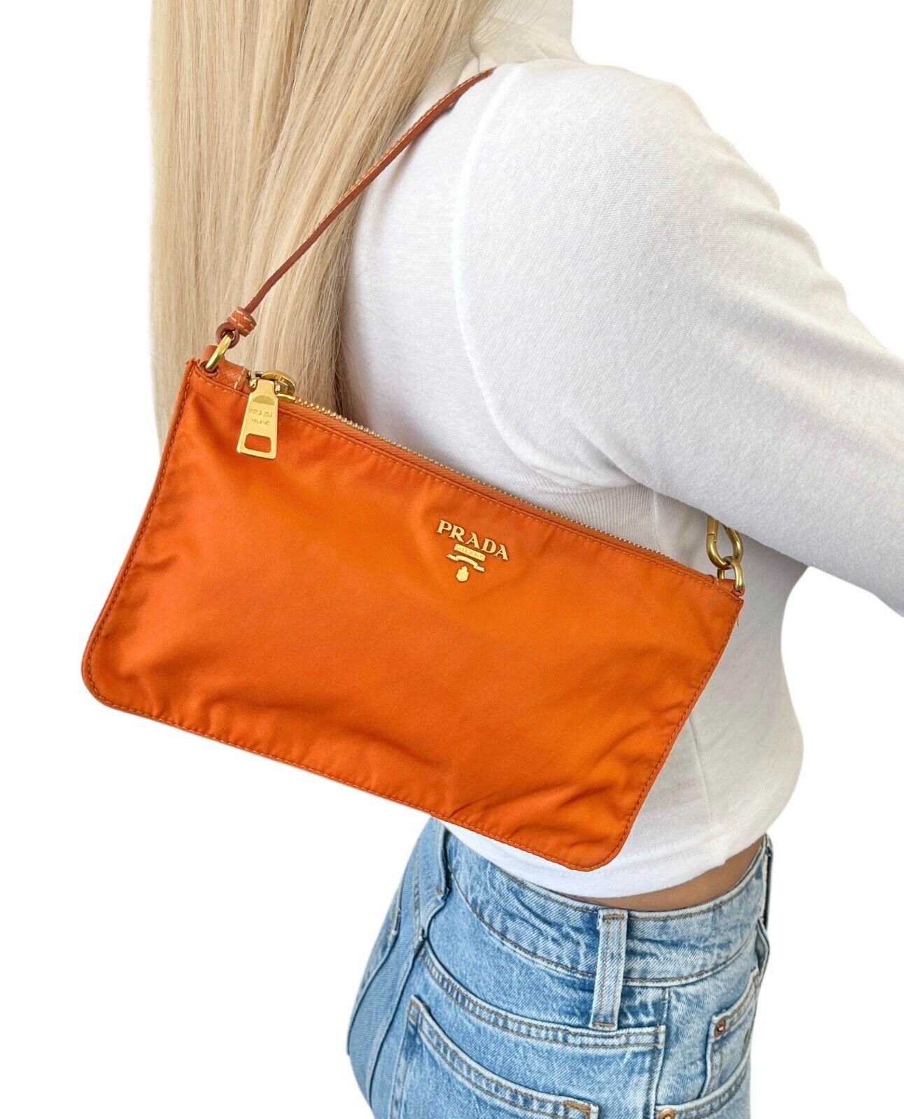 PRADA Vintage Logo Mini Shoulder Bag Pochette Pouch Orange Nylon Zip Leather