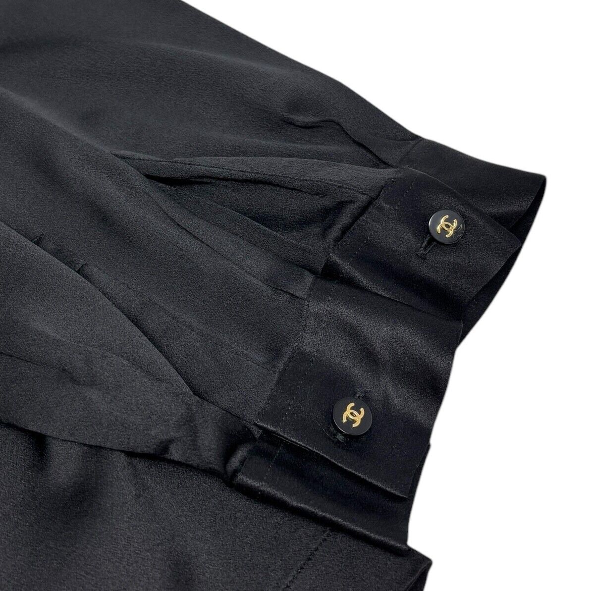 CHANEL Vintage CC Logo Silk Shirt Top Blouse Gold Button Black Silk Long Sleeve
