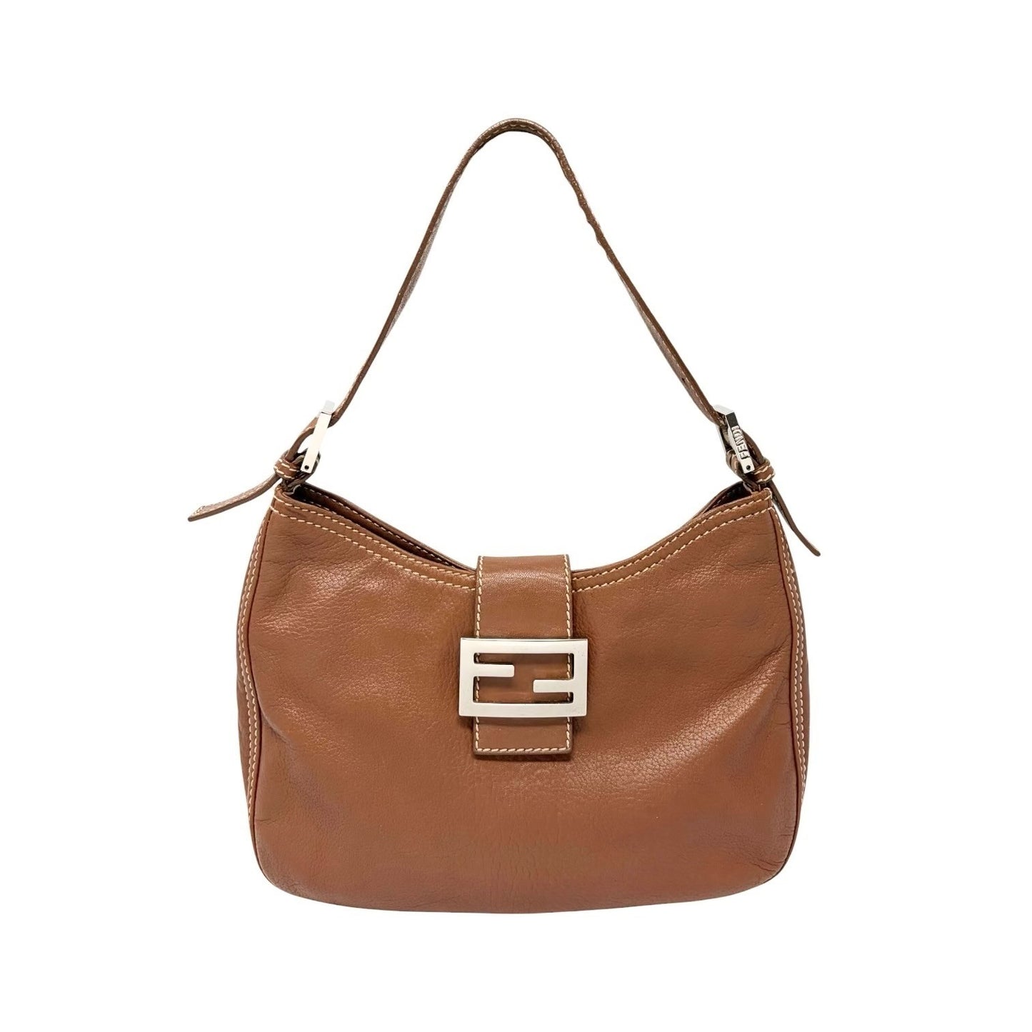 FENDI Vintage FF Logo Mamma Baguette Shoulder Bag Brown Silver Leather 902448