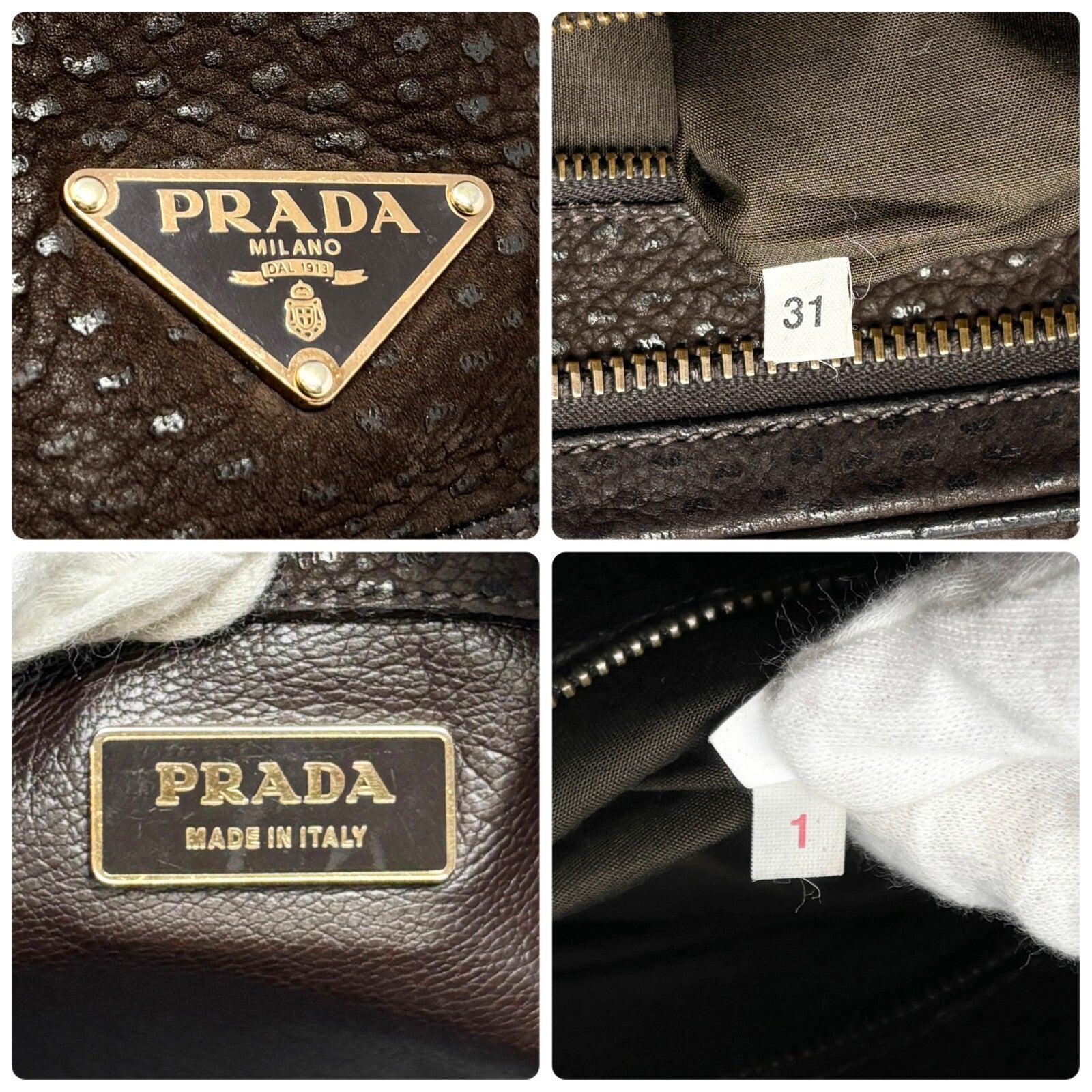 PRADA Vintage Logo Shoulder Bag Tote Bag Stitch Pocket Brown Gold Leather