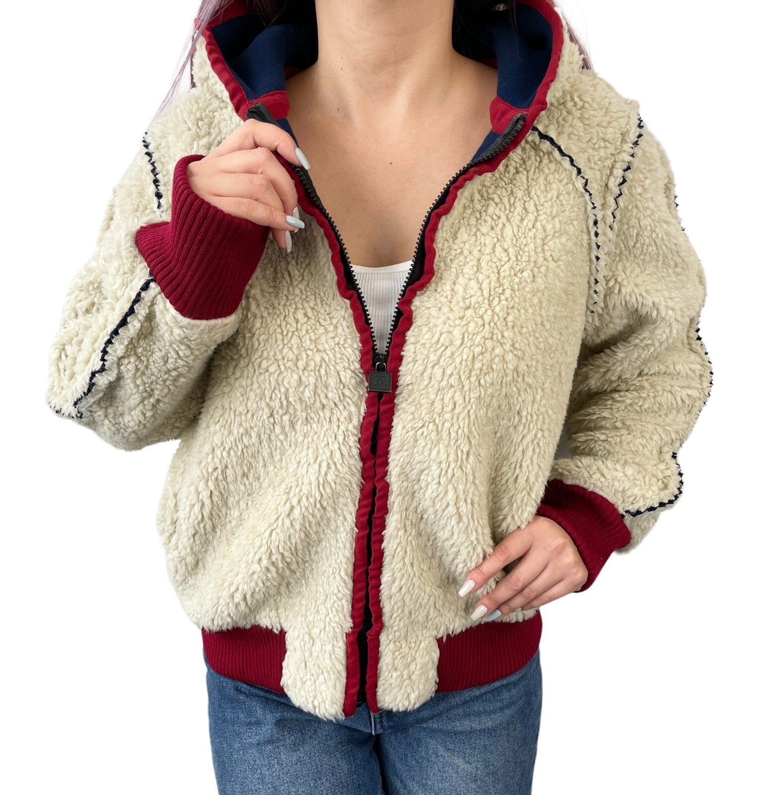 CHANEL Sport Vintage 08C CC Logo Boa Jacket Hoodie #36 Ivory Red Acrylic RankAB